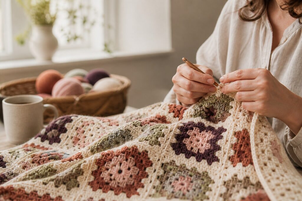 Hands crocheting a blanket