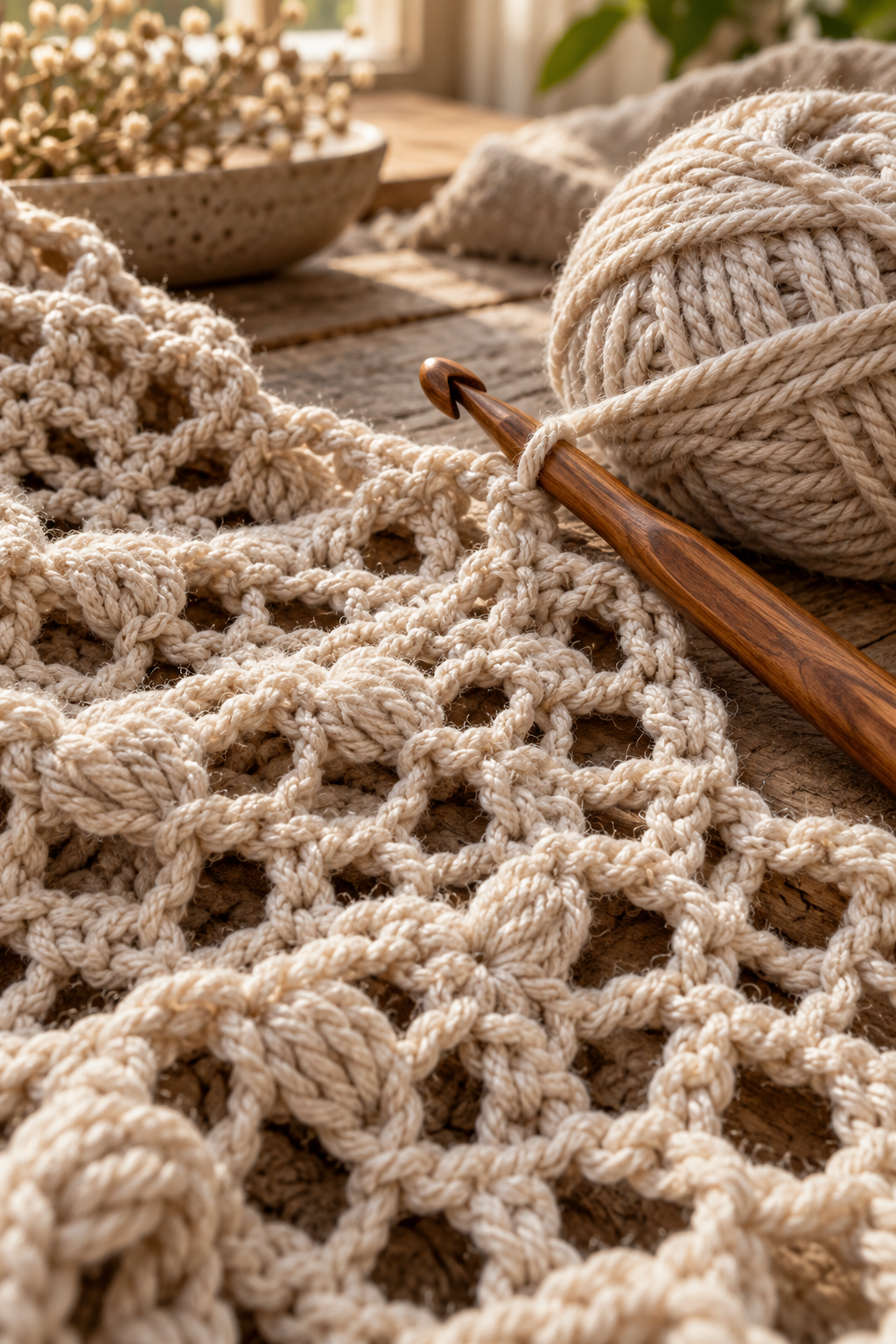 Open lace texture for a crochet pistachio wrap