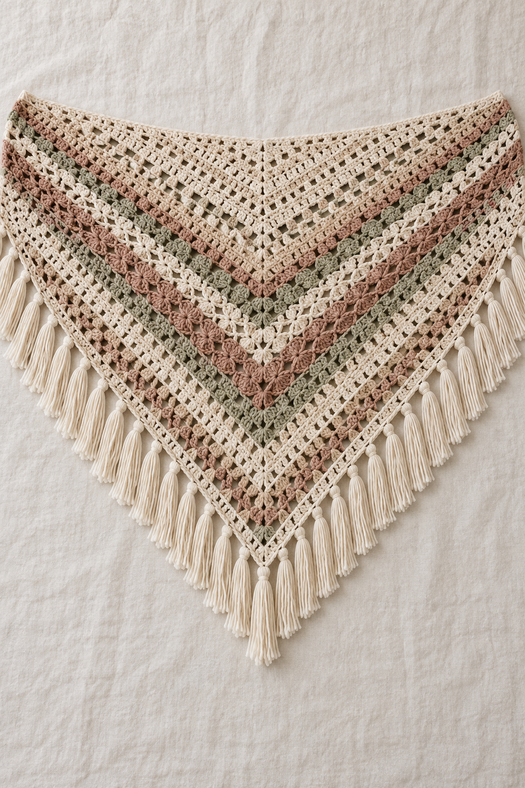 Fringe and blocked edges on a crochet pistachio wrap