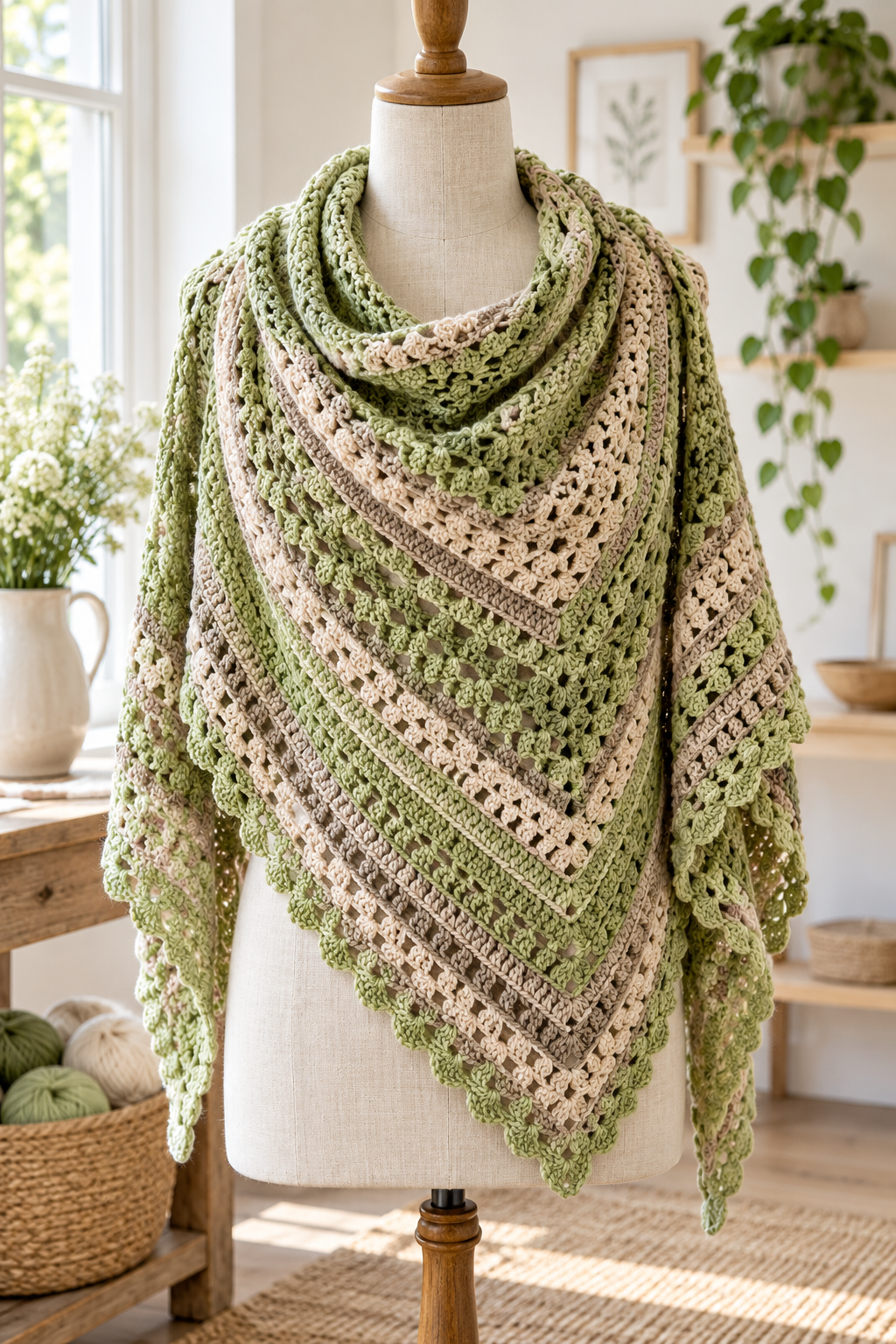 Softly draped crochet pistachio wrap in a craft studio