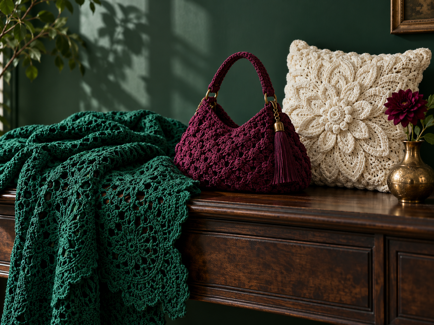 Finished crochet garments, accessories, blanket, and home decor