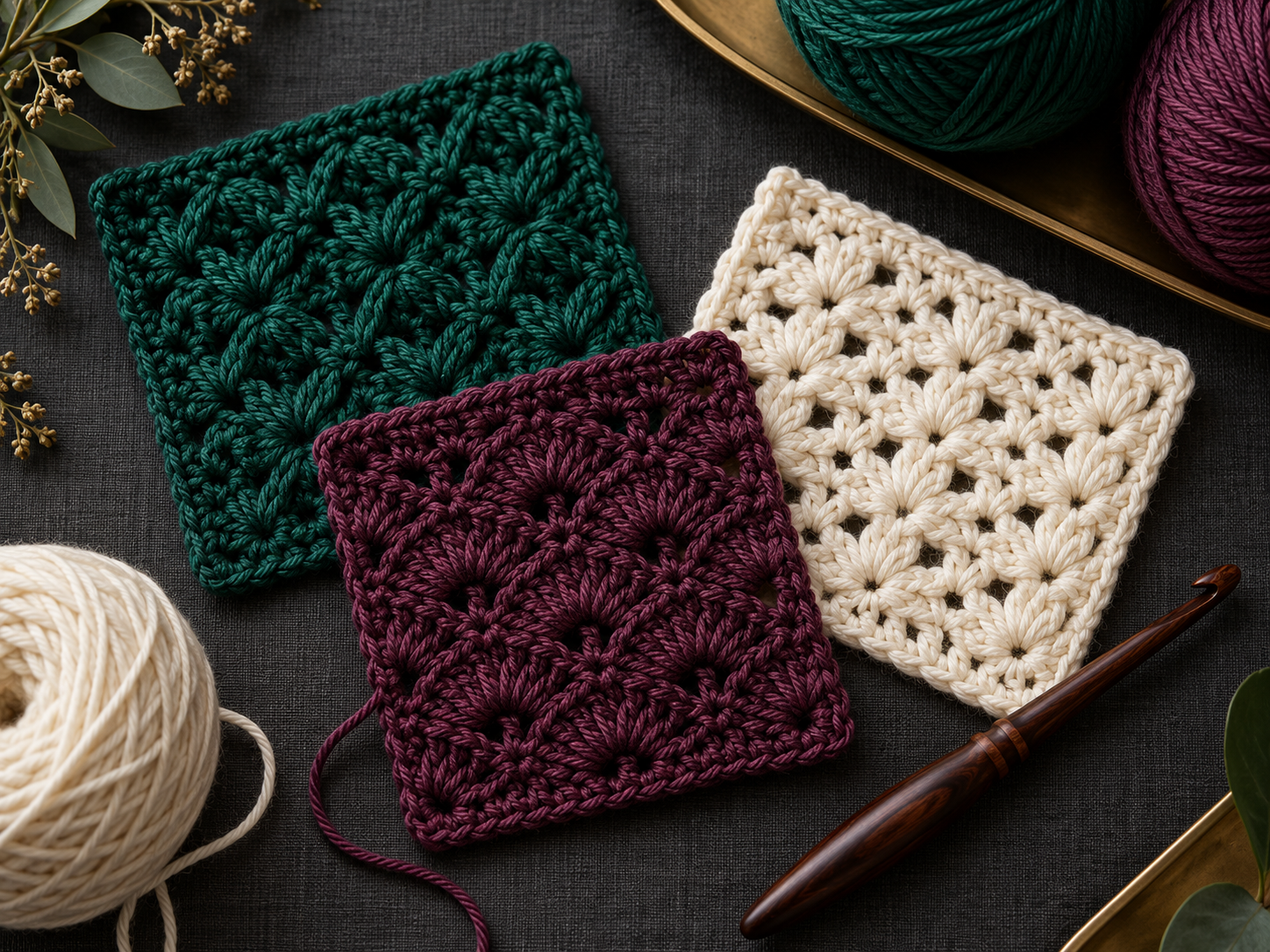 Crochet stitch swatches, yarn, hooks, and tools