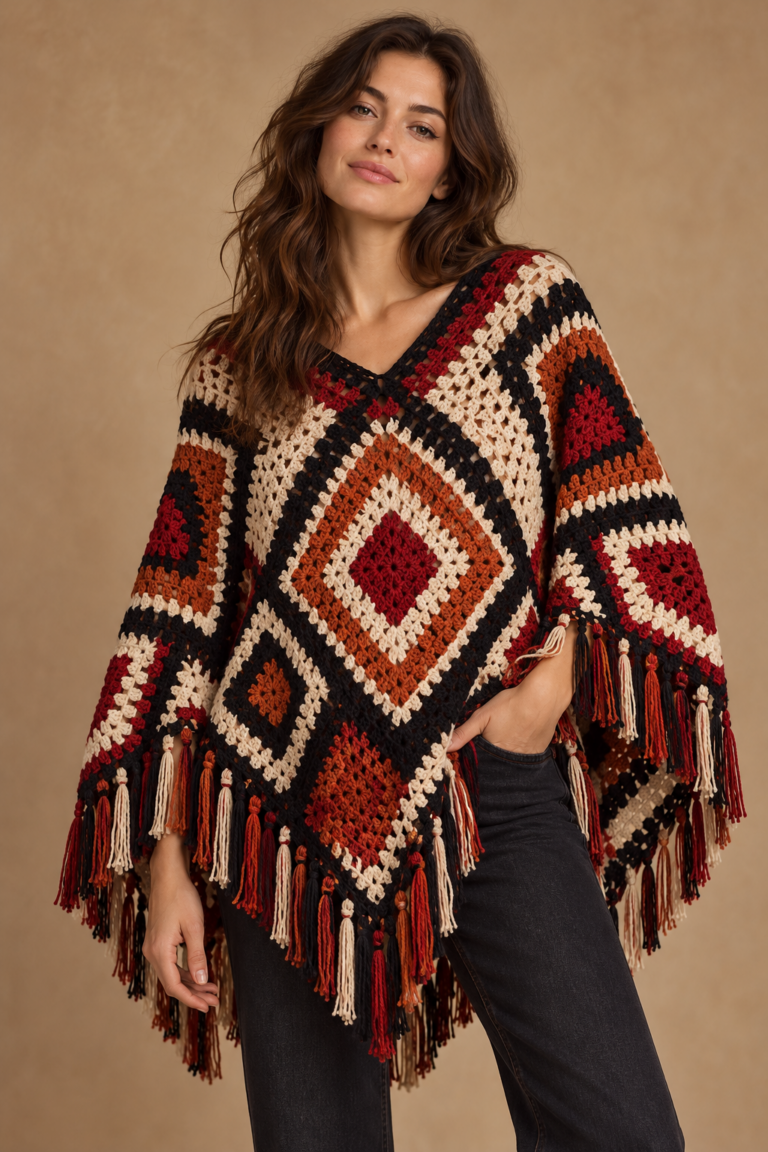 mosaic crochet poncho in desert colors